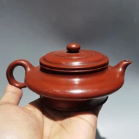 6chinese yixing zisha pottery hand carved flat drum round pot kettle red mud teapot pot tea maker office ornaments