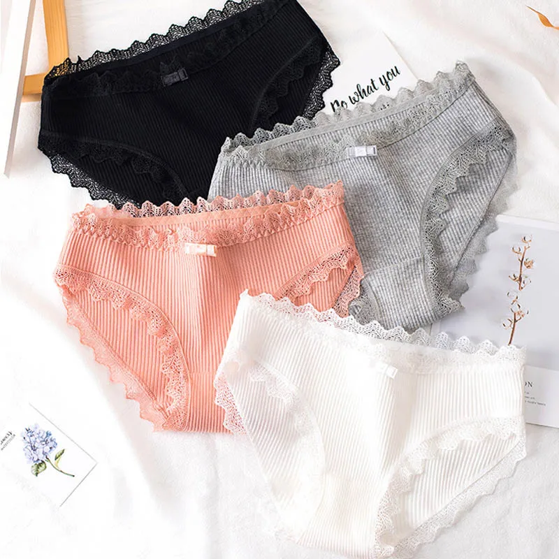 

1PC New Women Cotton Underwear Sexy Comfortable Panties Solid Color Lace Side Underpants Ladies Mid-Rise Breathable Briefs M-XL