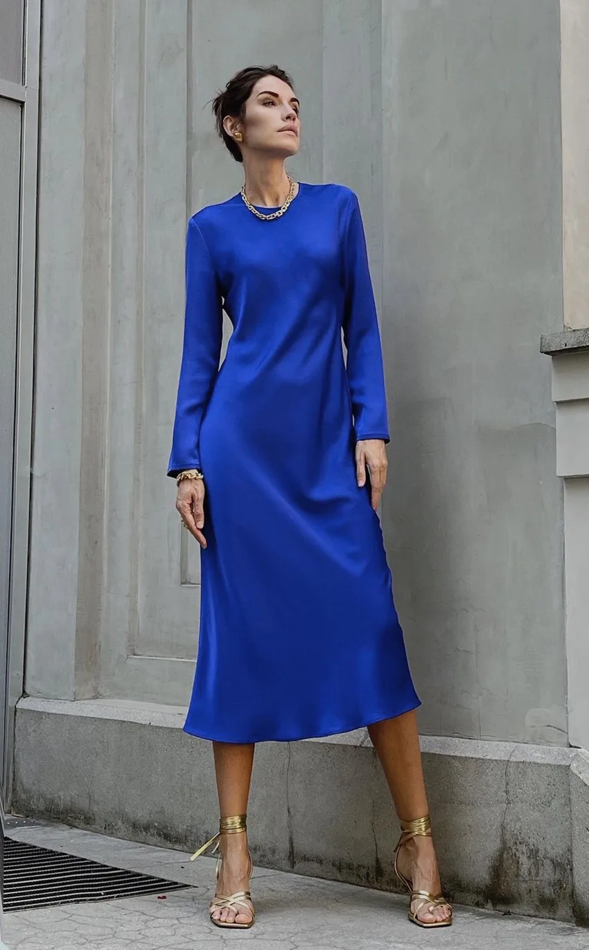 

Women Office Lady All match Satin Party Dress Long Sleeve O neck Blue Green High Street Casual Dress 2021 Autumn Fashion Dress