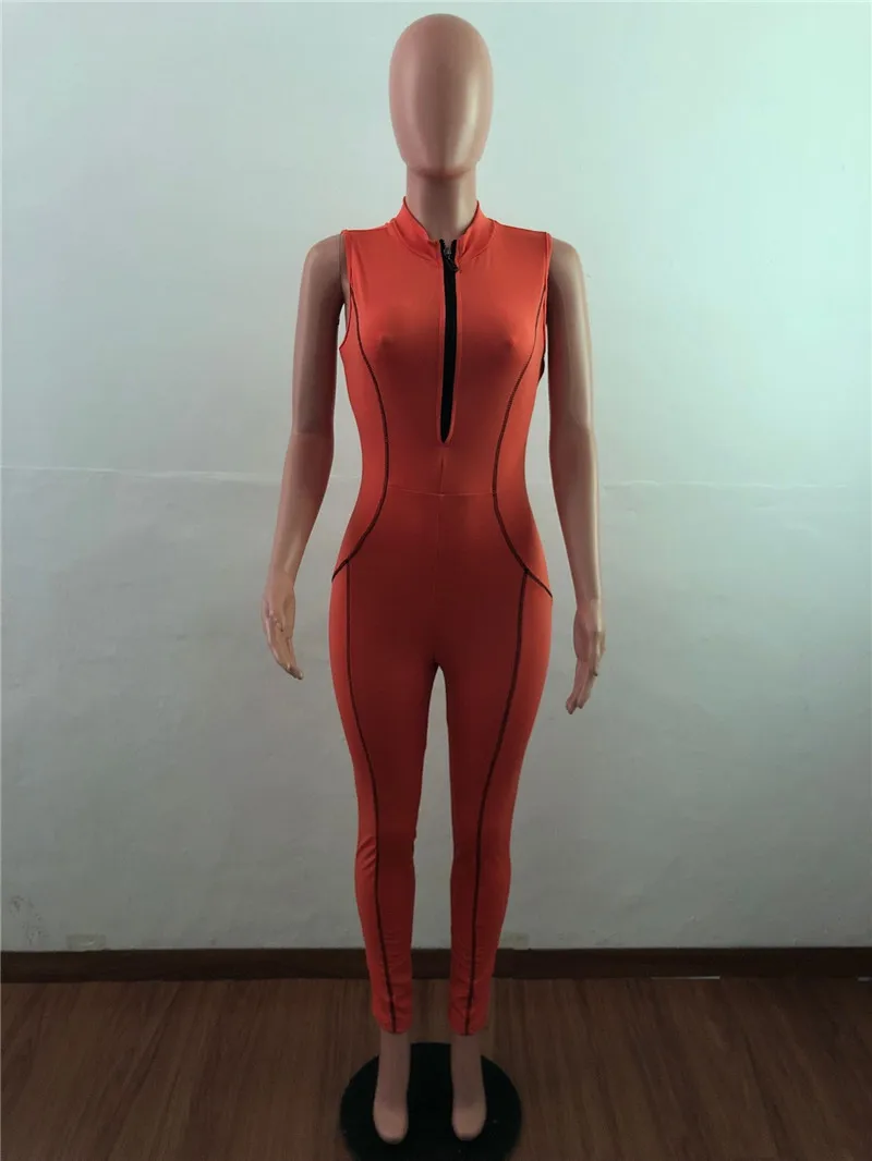 Оранжевое на молнии Глубокий v-образный вырез облегающий женский комбинезон для