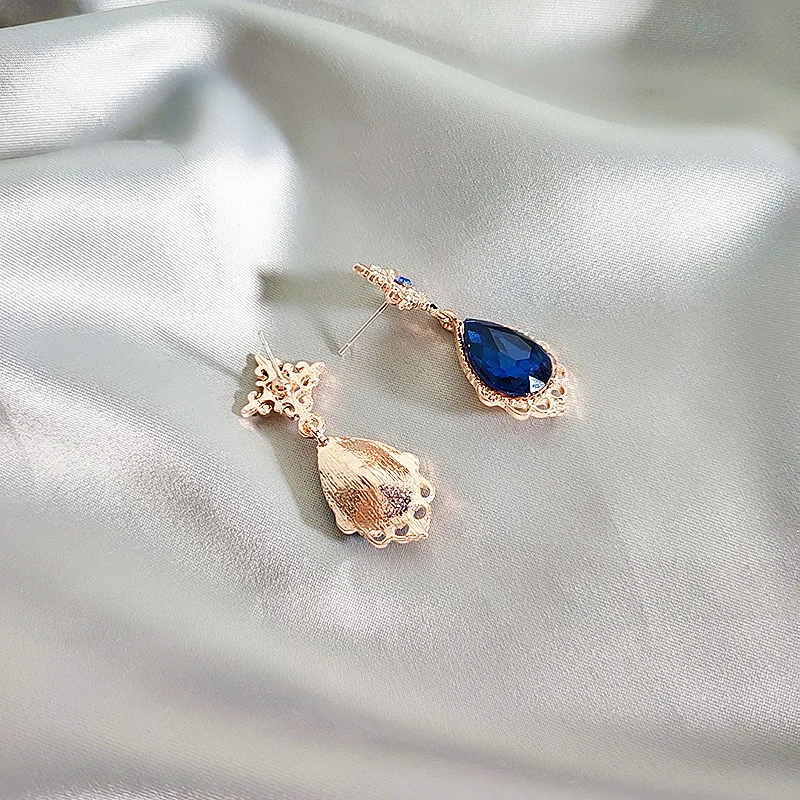 Модные женские висячие серьги с кристаллами в виде капли воды стиле ретро синими
