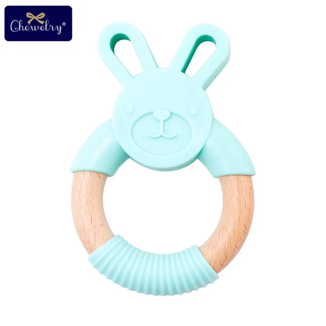 Mint Rabbit 1 шт. Детские Прорезыватели силиконовая мышь грызуны Силиконовые Прорезыватели деревянное кольцо деревянный Прорезыватель коляска белка для детей товары игрушки - Цвет: Mint Rabbit