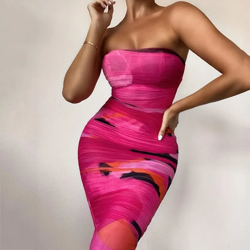 

Women Mesh Midi Dress Strapless Sexy Sleeveless Print Slim Fit Bodycon Ruched Party Dresses Summer Chic Geometric Print Dress
