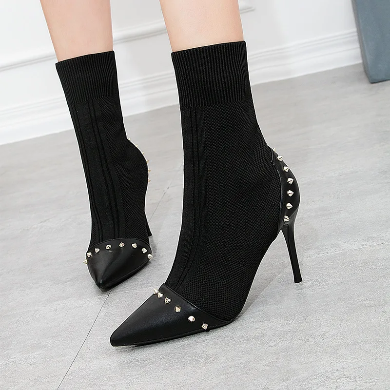 Женские черные ботильоны Модные растягивающиеся сапоги Сезон весна-осень