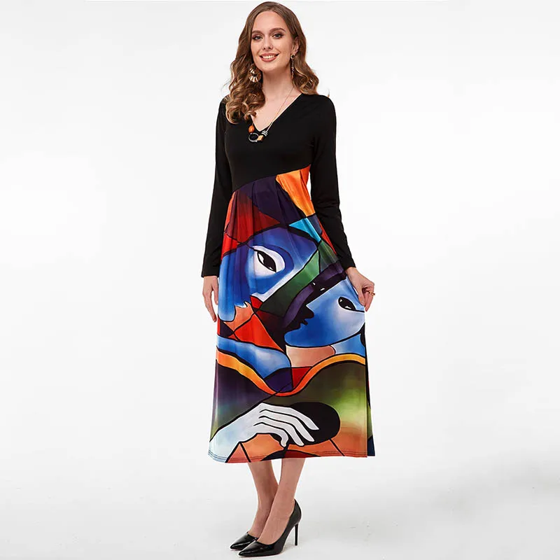 

Vintage Printing Patchwork Long Dress For Women Spring Autumn V-neck Long Sleeve A-Line Party Maxi Dress Elegant Lady Vestidos