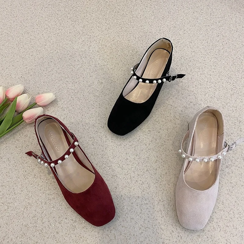 

Новинка осени 2021, Туфли Мэри Джейн на толстом каблуке с квадратным носком, милые туфли с жемчужинами в сказочном стиле, простые универсальны...