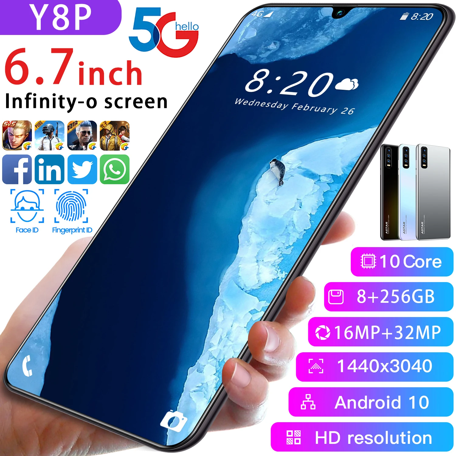 

Y8P 5G Mobile Phone 5600mAh Battery Android 10 Double SIM Card 12+512GB 6.7Inch Drop Screen Face ID MTK6889 16+32MP 10Core