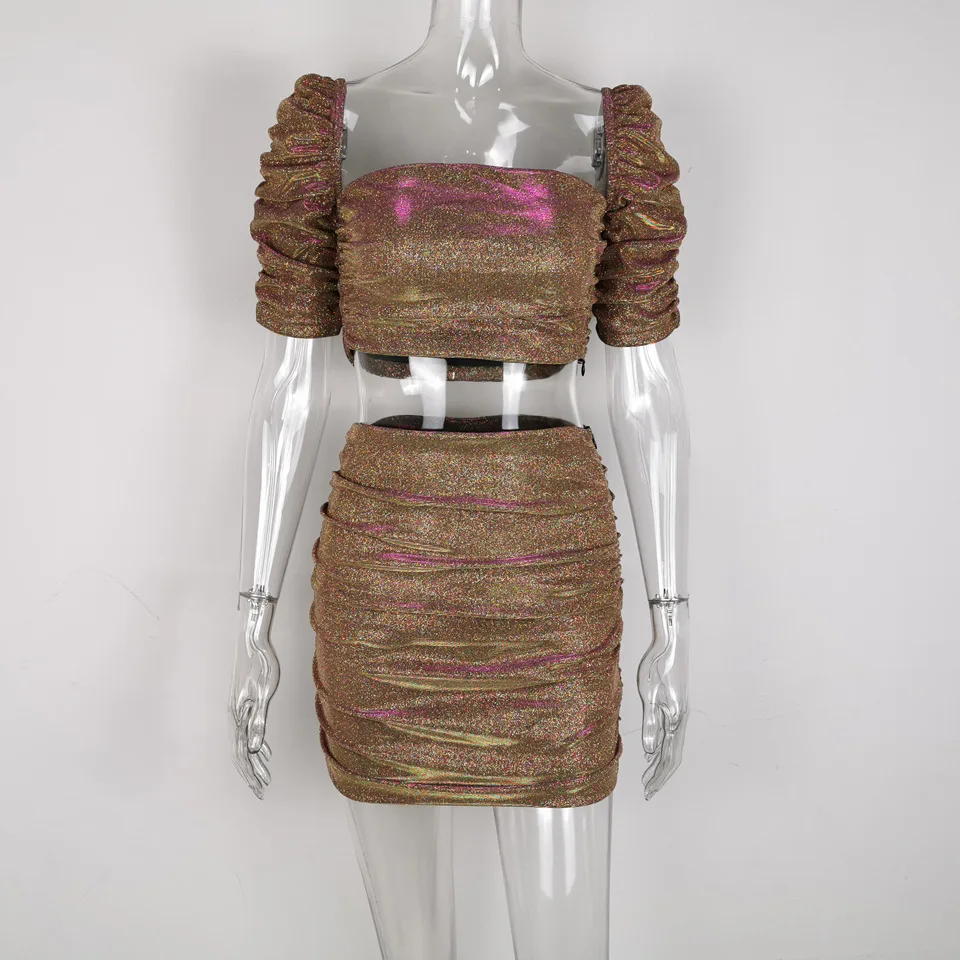 Женский блестящий комплект из двух предметов с вырезом лодочкой короткий топ