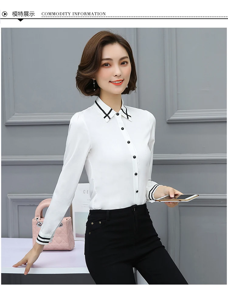 Trabalho Branco Azul Blusa размера плюс с длинным рукавом отложной воротник Camisa Das Senhoras