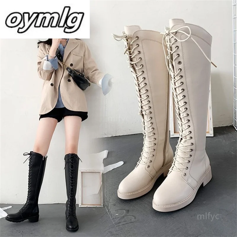 

Женские сапоги не до колена, новинка 2021, Осень-зима, модные Универсальные сапоги на толстом каблуке, со шнуровкой, боковой молнией