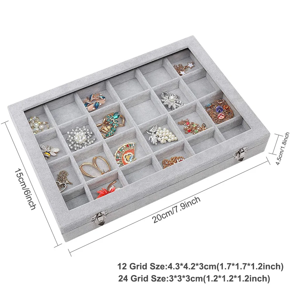 12/24 Grids Watch Organizer Necklace Earring Ring Storage Box Multifunction Velvet Jewelry Display Watch Box Women Gifts