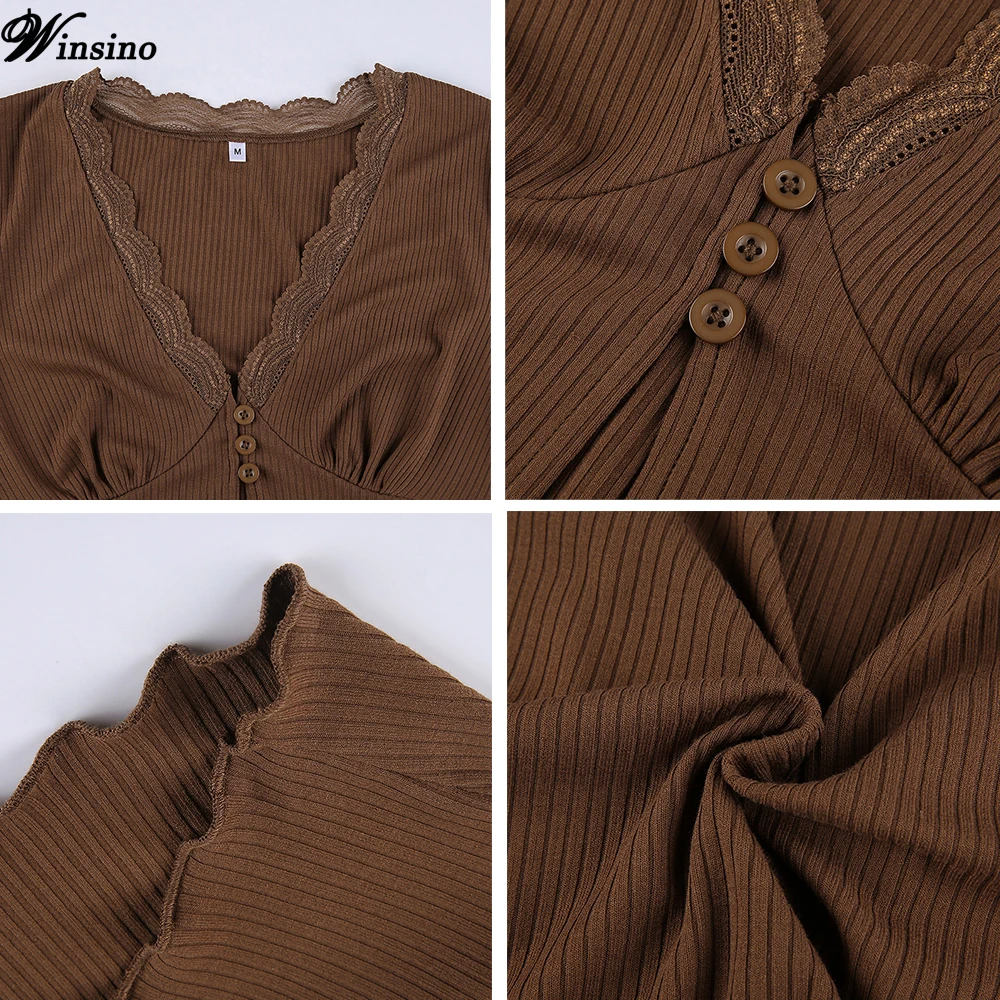 

Summer Shirt Short Sleeve V Neck Women New Navel Lace Breasted Cardigan Commute Fashion Brown Knitted Casual Short Top