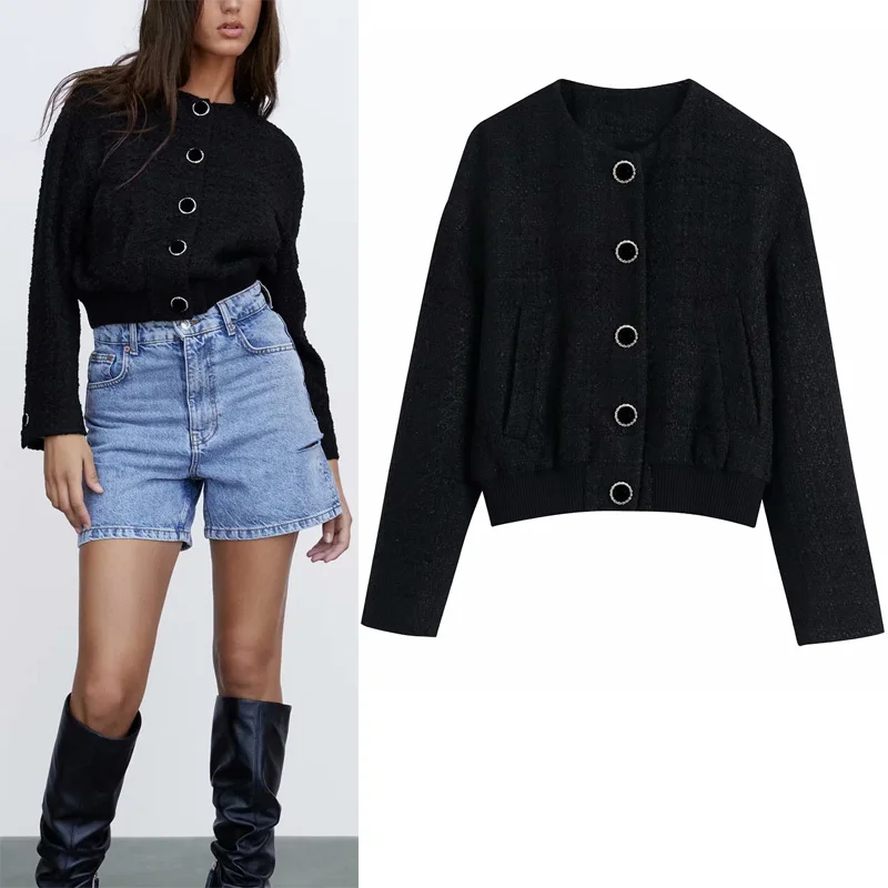 

Женская Осенняя черная локомотивная блузка Za 2021, винтажное пальто на пуговицах с длинным рукавом и круглым вырезом, Повседневная теплая кур...