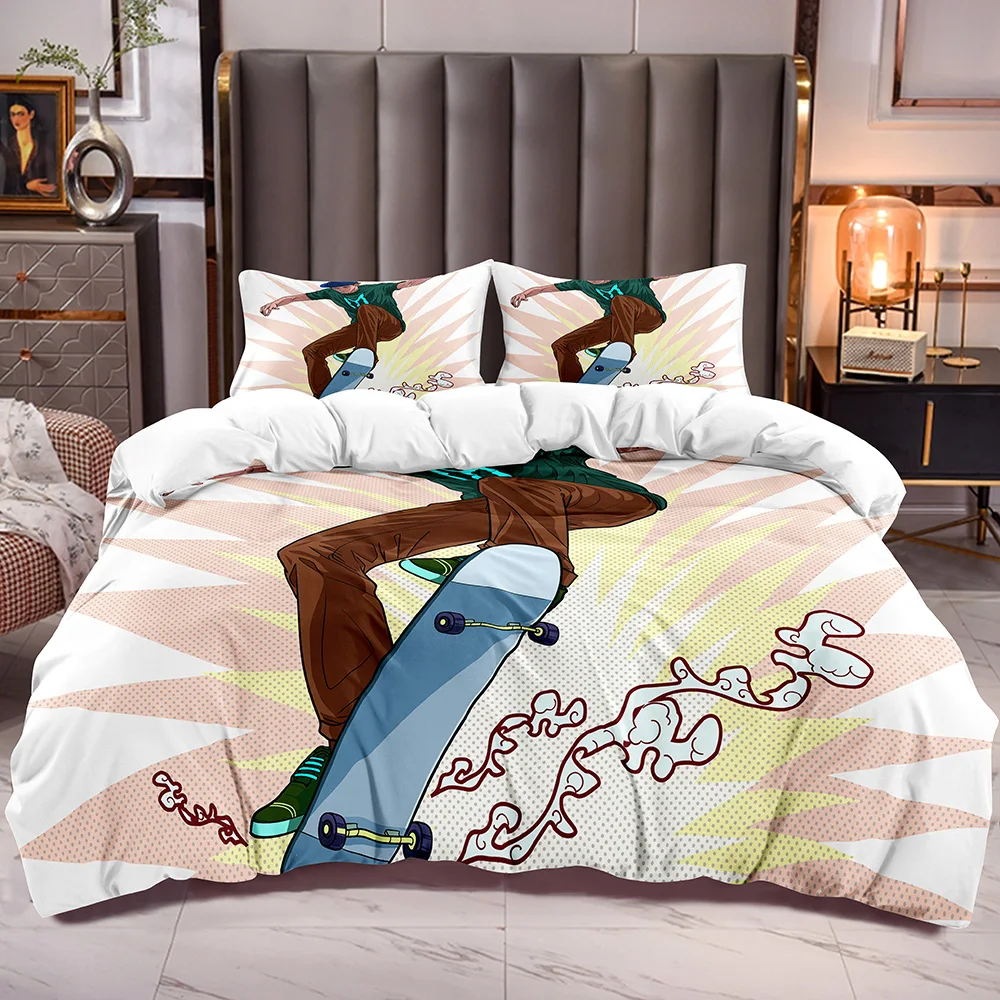 

Comforter Cover Sets with Skating Board Boy Cartoon Print Skateboard Lover Bedroom Duvet Cover with White Reverse
