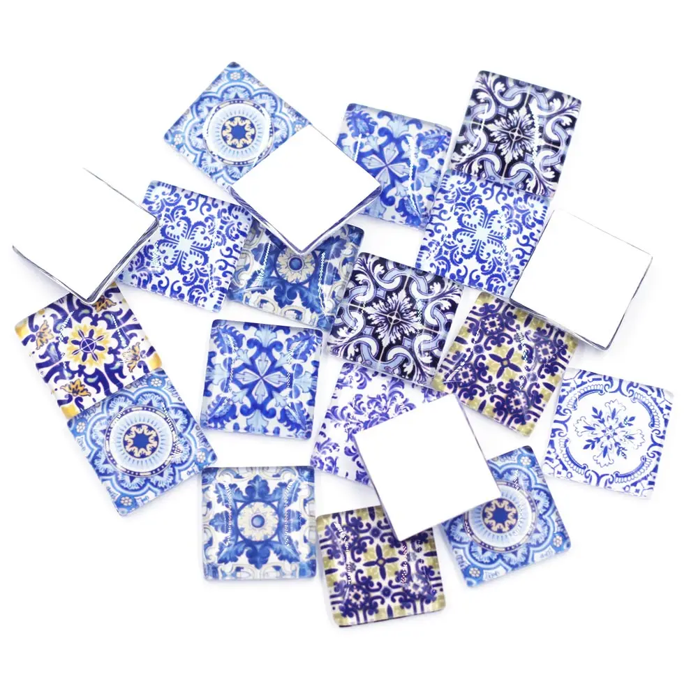 

25PCS Mixed Blue Flower Pattern Square 25x25mm Glass Cameos Cabochons DIY Embellishment Scrapbooking Handbag Crafts Accessories