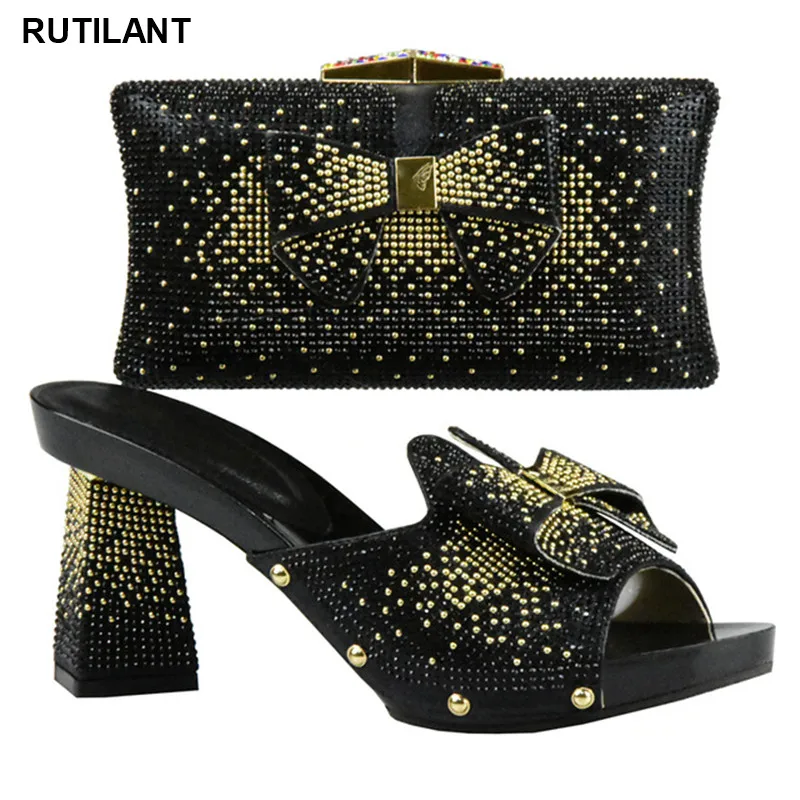 

New Arrival High Quality Nigerian Wedding Shoe and Bag Set Decorated with Rhinestone Sales In Women Matching Shoes and Bag Sets