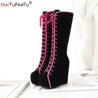 preppy style girls knee high cosplay boots flock lace up platform wedges lolita fall spring winter 2022 women shoes size 3443