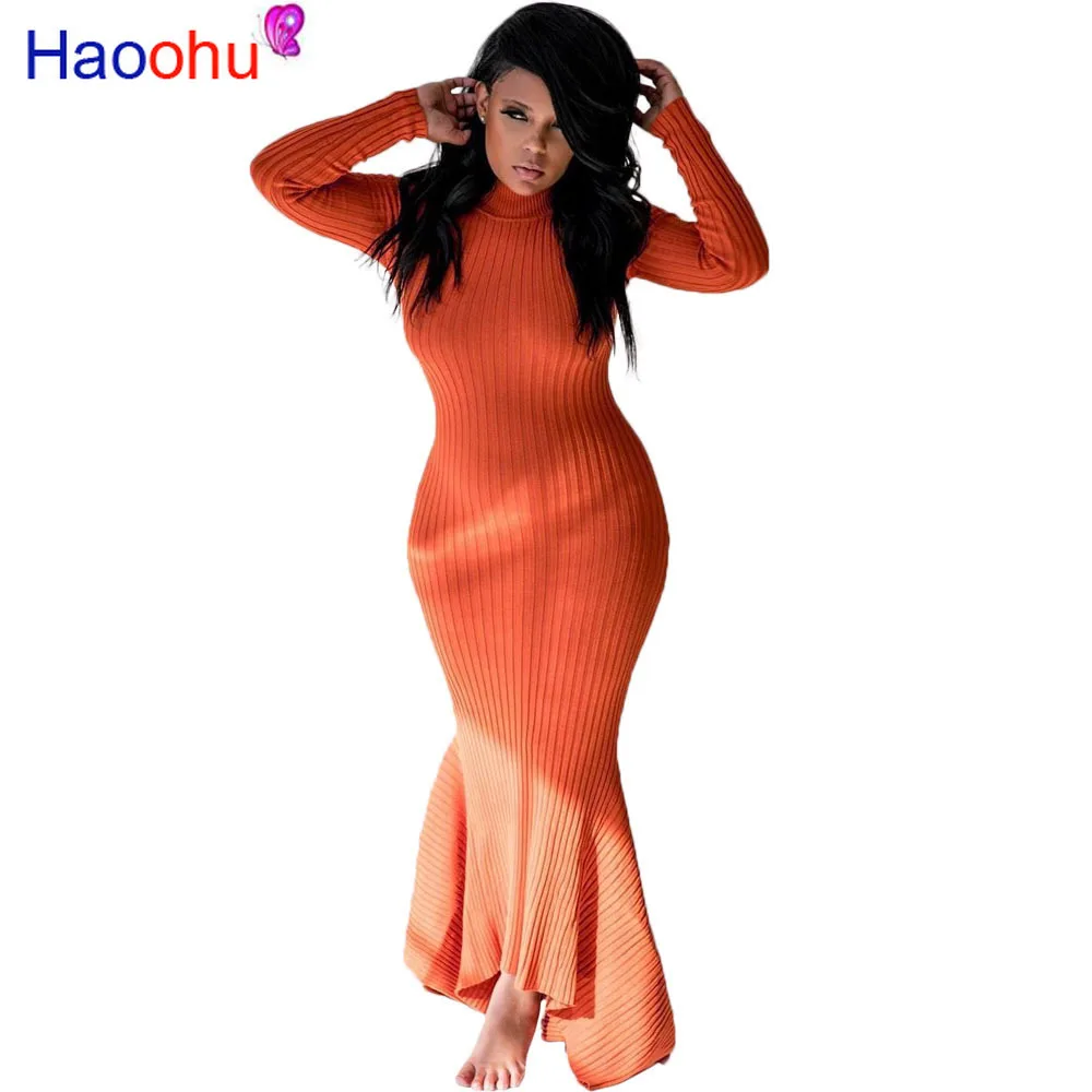 HAOOHU Rib вязаный свитер платье женское плюс размер бодикон осень зима вечерние