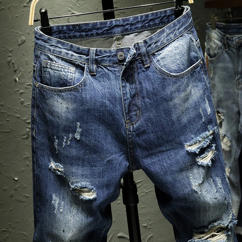 Новые мужские Синие рваные байкерские джинсы стрейч деним дизайнерские модные