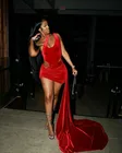 Сексуальные вельветовые красные вечерние платья на одно плечо со съемным шлейфом и длинной молнией сзади Abendkleider Robe de Party для женщин
