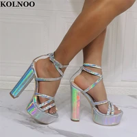 kolnoo new arrival womens chunky heels sandals cross buckle strap sexy platform open toe real photos fashion evening club shoes