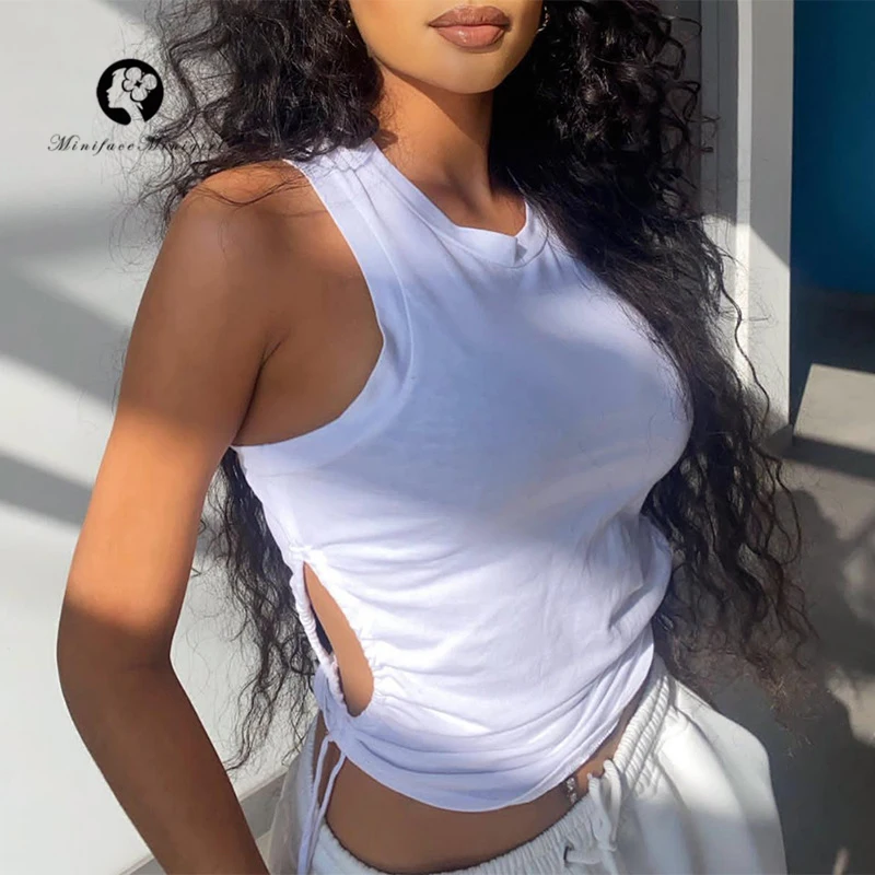 

Girls Y2K Fashion Drawstring Hollow out Cropped Tank Tops 2021 Women Clothes Sexy Sleeveless Round Neck Vest Ruched Slim Fit