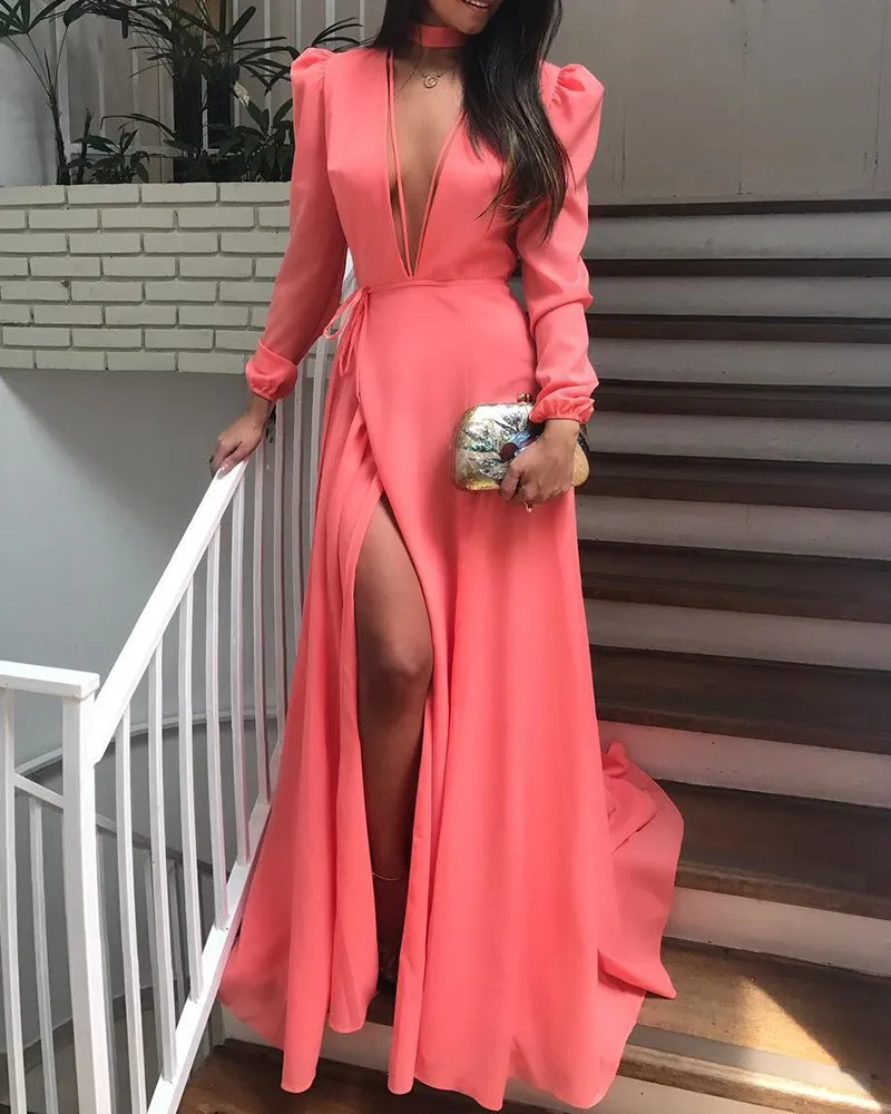 

Deep V Neck Puffed Sleeve High Slit Dress Women solid color pink chocker neck maxi dress elegant ladies party dresses robe femme