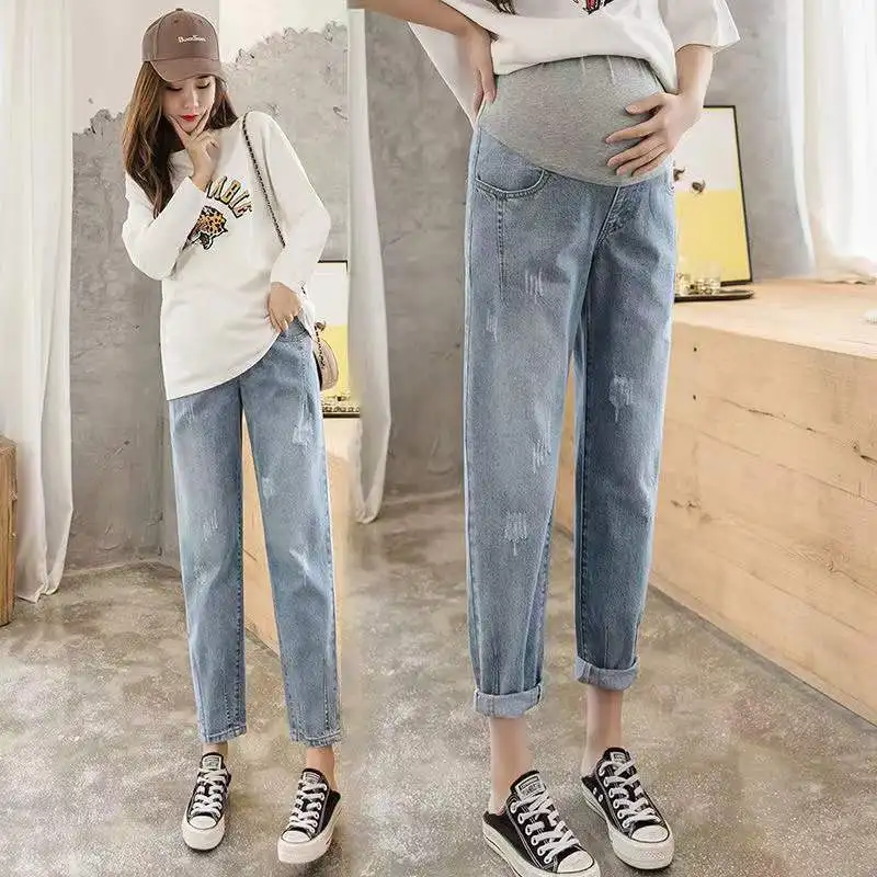 

2022 винтажные потертые джинсы для беременных женщин, свободные брюки для беременных, Одежда для беременных 2021
