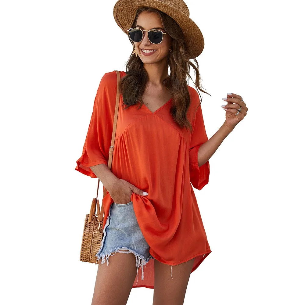 

2021 Summer Women Casual Bohemian Dress Solid Color V-Neck Half Sleeve Sundress Holiday Beach Loose Mini Dress Vestido Clothing