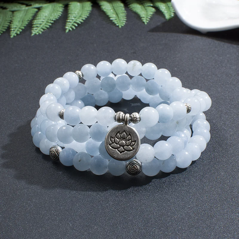 

108 8mm Aquamarine Beaded Elastic Cord Wrap Mala Bracelet Meditation Yoga Healing Jewelry Women Charm Rosary Lotus Bangle