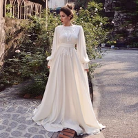 simple a line wedding dresses soft satin boho lace appliques long puff sleeves bridal gowns vintage wedding party gowns customiz