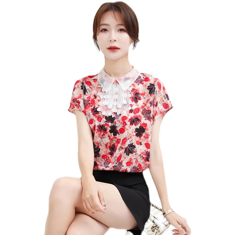 

Chiffon Slim Women's Blouses New Casual Fashion Shirts Flower Print Lace Peter Pan Collar Short Sleeve Summer Tops Houthion
