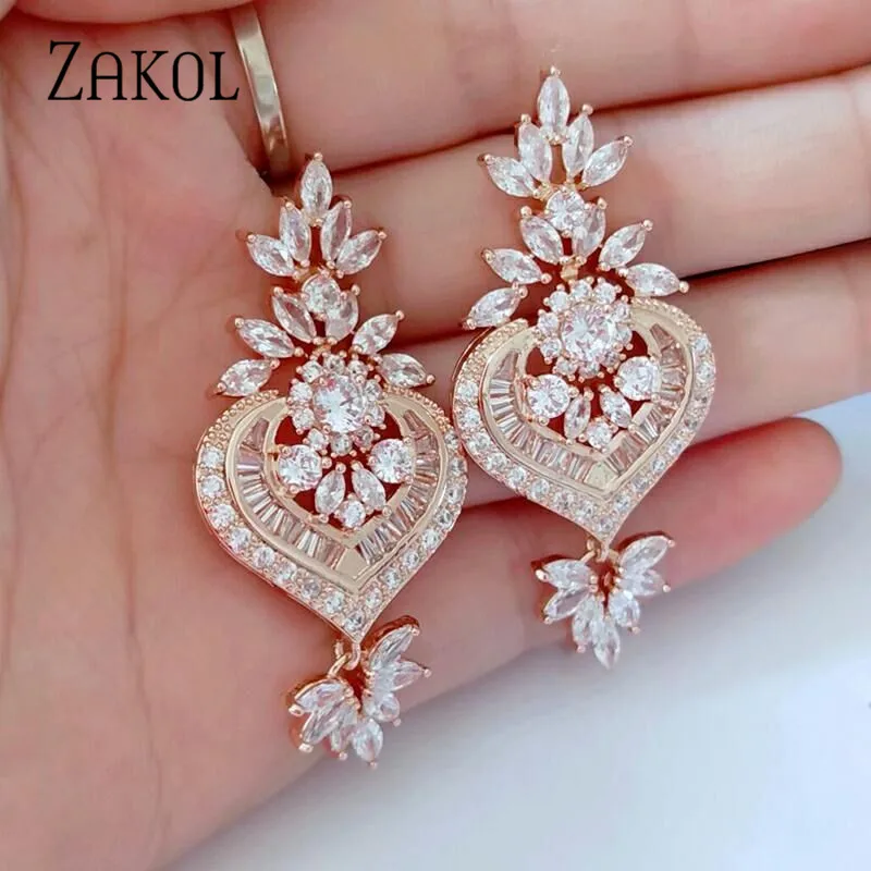 ZAKOL Роскошные серьги подвески из розового золота большие длинные висячие с