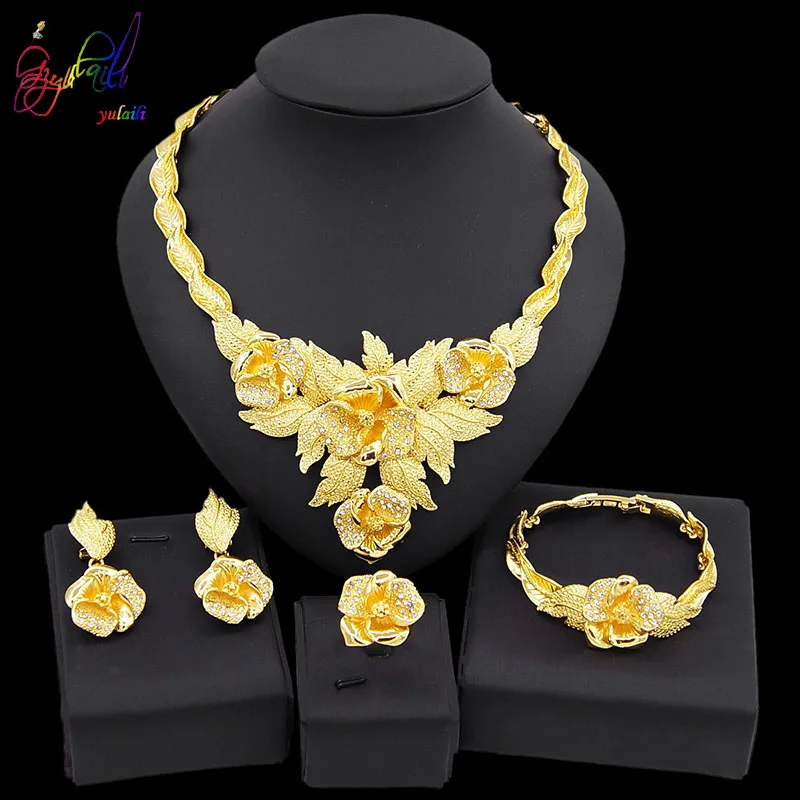 

Yulaili Latest Fashion Flower Shape Necklace Earrings Bracelet Ring Dubai Gold Jewelry Sets for Women Party Wedding 4PCS