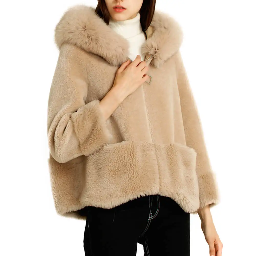 

Wool Coat Ladies Cute Real Sheep Fur Overcoat Fashion Female Petite Fall Winter Outerwear Short Camel Wool Jacket With Fur