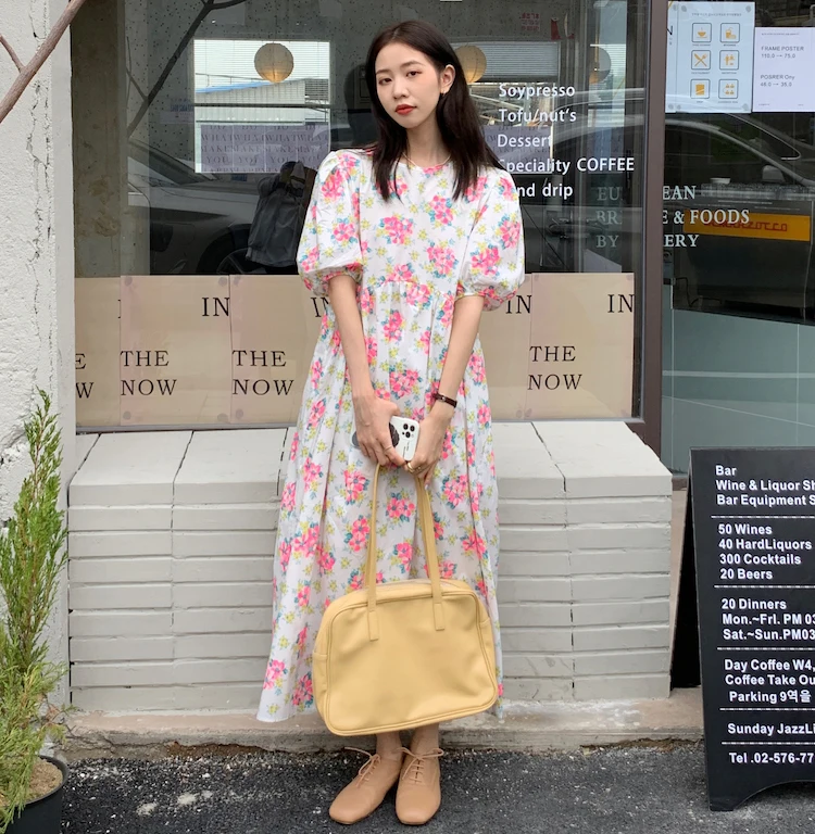 

Винтажное длинное женское платье миди, летнее Новое свободное платье трапециевидной формы с цветочным принтом платье с рукавами-фонарикам...