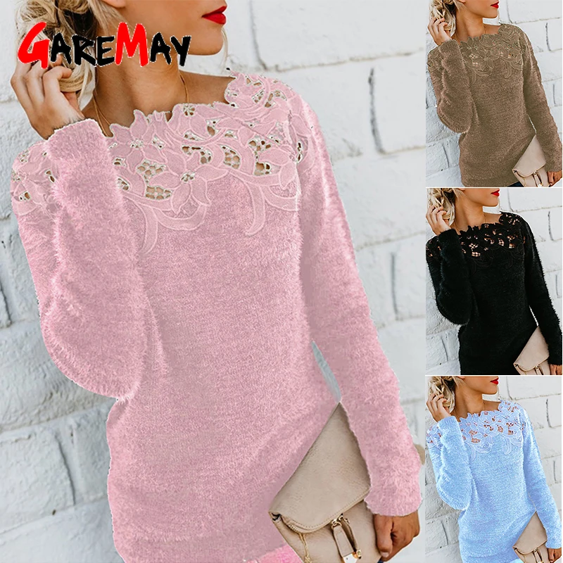 Большой свитер для женщин зима 2022 толстый кружевной воротник вязаный Топ Женский