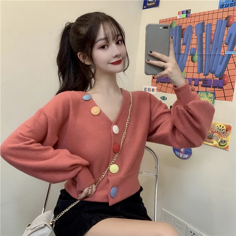 

Kimutomo Chic Buttons Cardigans Women Autumn Korea Fshion Female Long Sleeve V-neck Single Breasted Short Knitwear Sweater