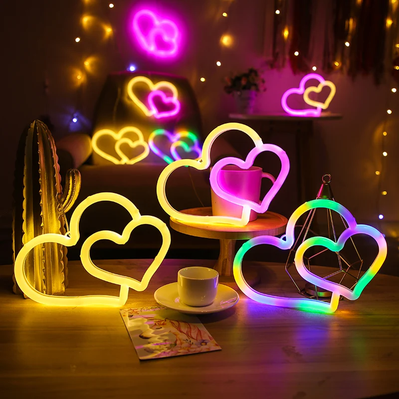 Фото Светодиодный неоновый свет красочный двойной в форме сердца настенная неоновая