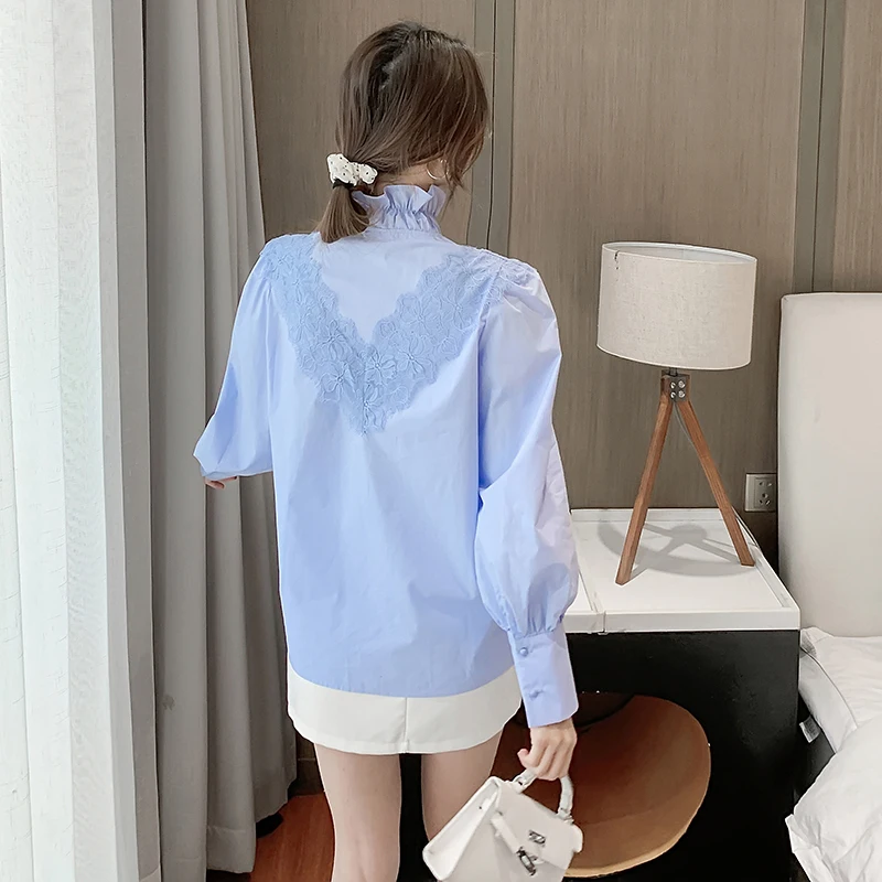 

COIGARSAM Full Sleeve Shirt Womens tops New Spring Solid Loose Straight Stand Neck Women shirts Blue White 8004