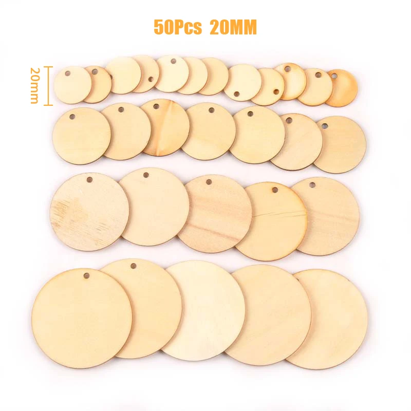 

50pcs Round Wooden Circles Natural Discs Blank Signs Crafts Party Hang Tag Cards