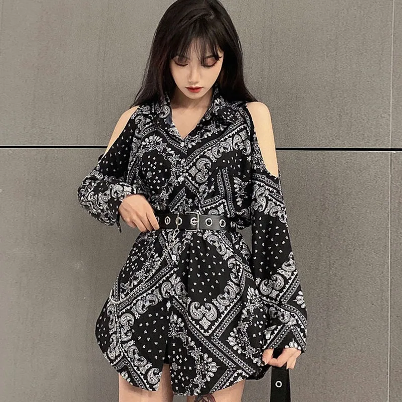 

Woman Shirt Female Spring Autumn Off-Shoulder Niche Design Sense Printed Long Sleeve Trun-Down Collar Shirt