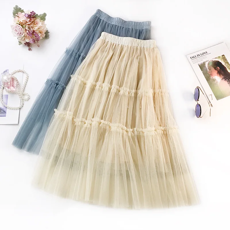 Женская Плиссированная Юбка миди из тюля с высокой талией|Женские юбки| |