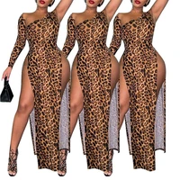 leopard print womenlong maxi dress irregular one shoulder high split sexy floor length dress nightclub party bodycon xxl