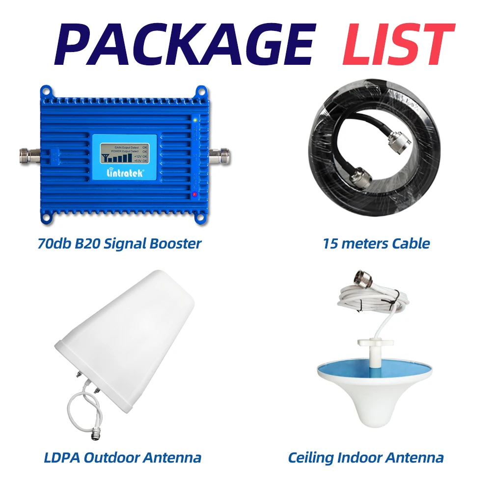 

Lintratek 4G LTE 800 Signal Repeater Band 20 4G Network 800mhz Mobile Signal Booster 70dB Gain LCD Display 4G Amplifier Kit @6.7