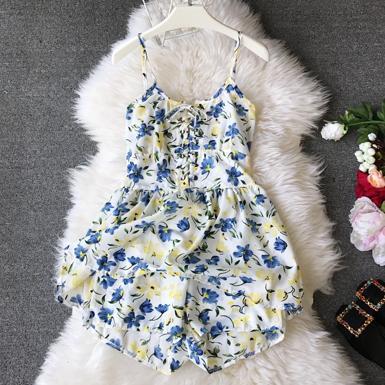 

Lady Sweet Printed Sleeveless Strap High Waist Chiffon Jumpsuits Women's Summer Plasuits Rompers Womens D358
