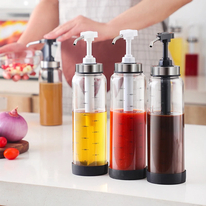 

Glass Kitchen Seasoning Bottle Large Diameter Oil Honey Organizer Jar Ketchup Sweet Noodle Sauce High Capacity Press Type Tools