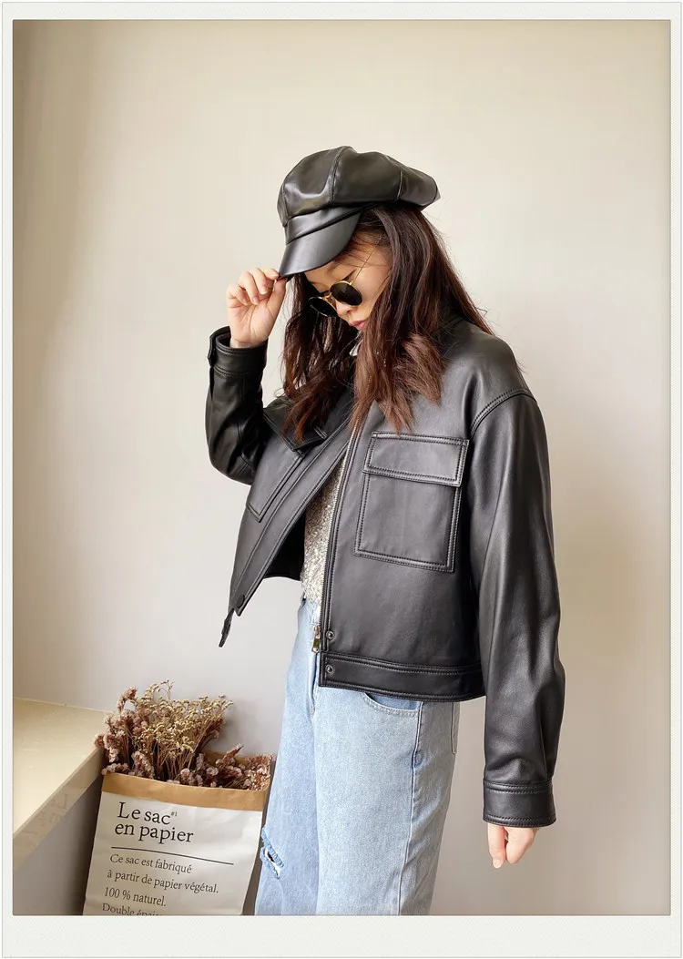 Abrigo de cuero de oveja auténtico para mujer, chaqueta holgada informal de piel de oveja auténtica para motocicleta, abrigos de primavera y otoño, novedad