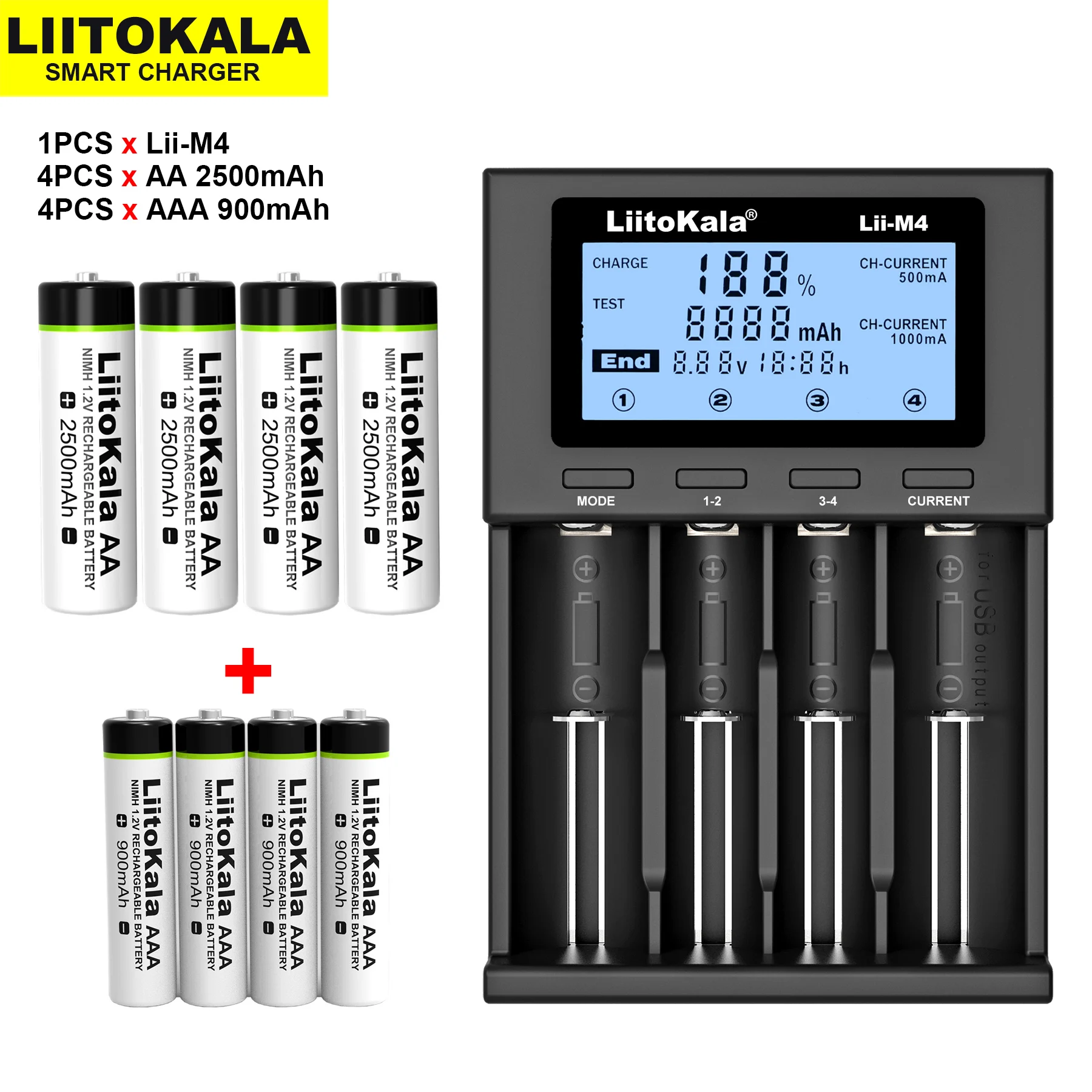 

LiitoKala AA 2500mAh AAA 900mAh 1.2V NiMH Rechargeable Battery Suitable for Toys, Mice, Electronic Scales, Etc+Lii-M4 Charger