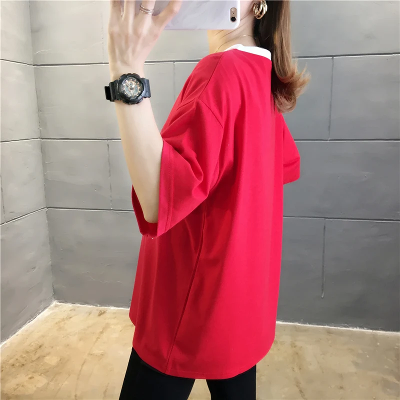 

2020 Summer Striped V-Neck Plus size Women T shirts Loose Cotton Short sleeve Letter print T Shirts Ladies Cartoon girl Red Tops
